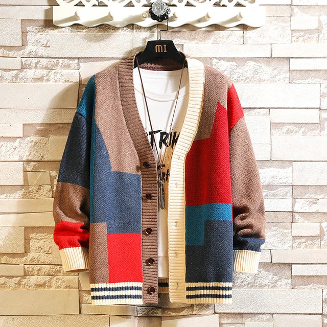 Men's Vintage Stitching Colours Cardigan V-Neck Long Sleeve Button Front Knitwear