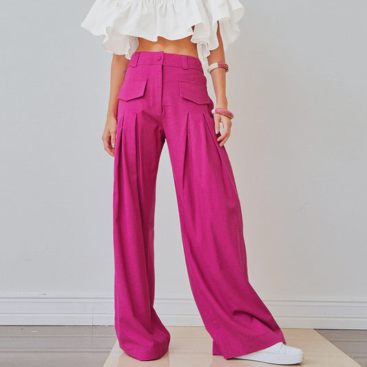 Women's Hot Pink Cotton Linen Wide Leg High Waist Trousers