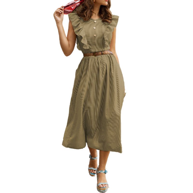 Women's French Ruffle Front Detail Cotton Midi Dress