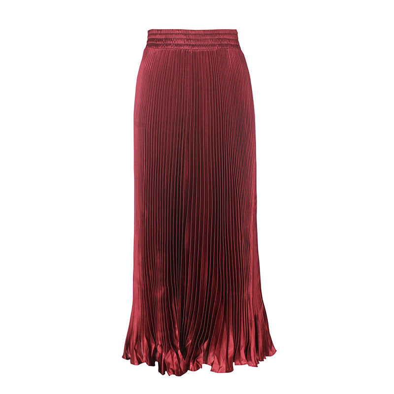 Women's Satin Metallic Pleated Maxi Skirt Long Organ Fan Long Length Elastic Waist