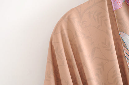 Women's Peacock Floral Print Belted Kimono