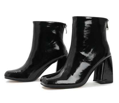 Women's PU Leather Square Toe Chunky Heel Ankle Boots