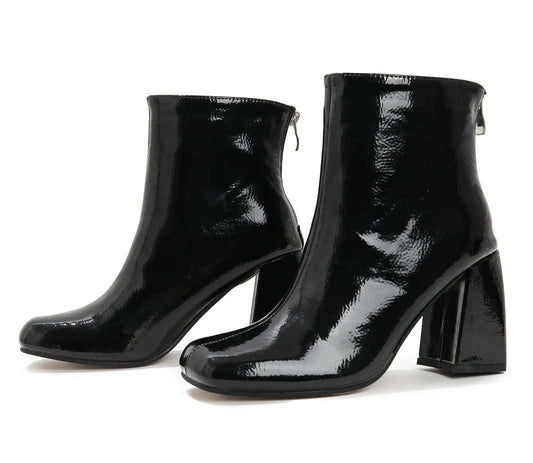 Women's PU Leather Square Toe Chunky Heel Ankle Boots