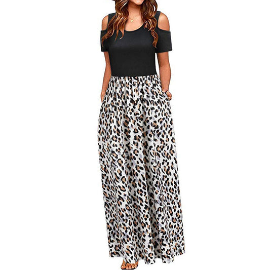 Women's Leopard Print Contrast Cut Out Shoulder Maxi Dress