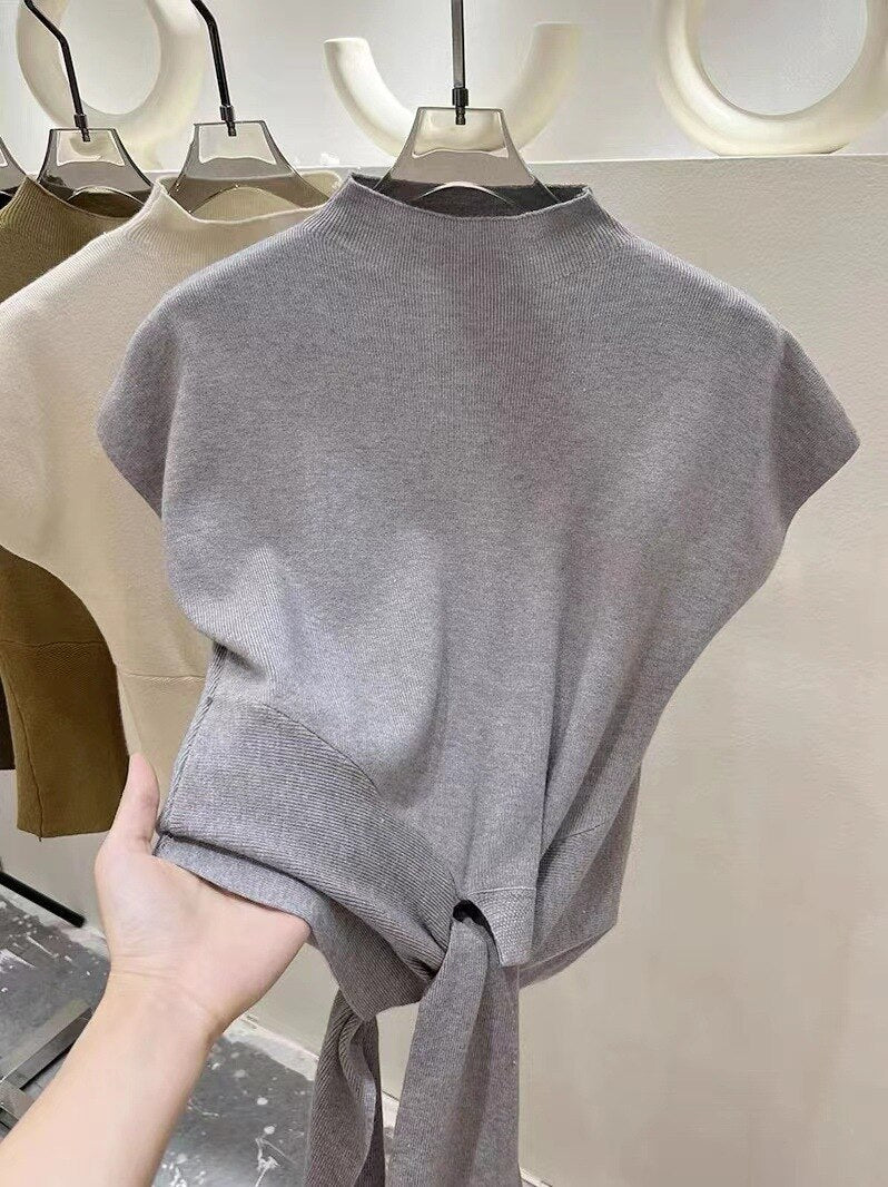 Women's Soft Knitted Tie Front Sleeveless T-Shirt Stand Collar Top