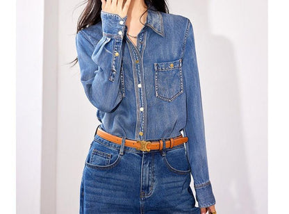 Women's Classic Simple Denim Shirt Loose Button Front Pockets High End Blouse