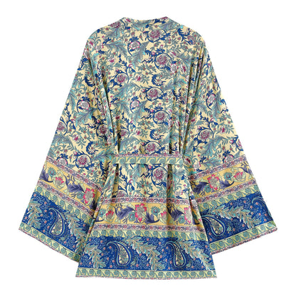 Bohemian Blue Floral Belted Short Kimono