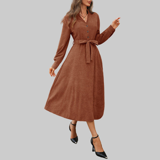 Women's Brown Ribbed Long Sleeved Tie Waist Midi Dress