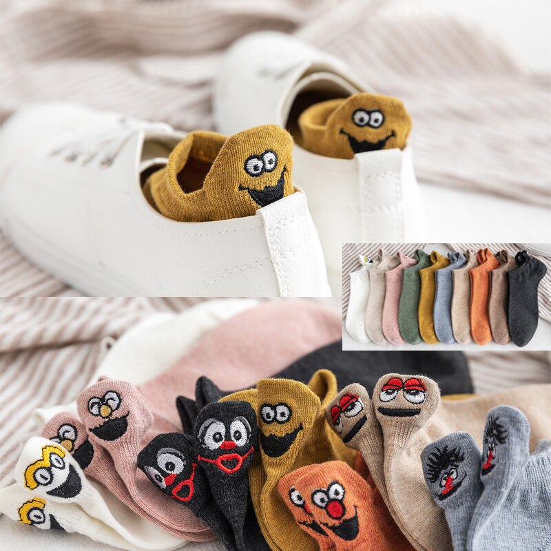 Women's Cotton Ankle Socks Embroidered Funny Face Expression 1 Pair