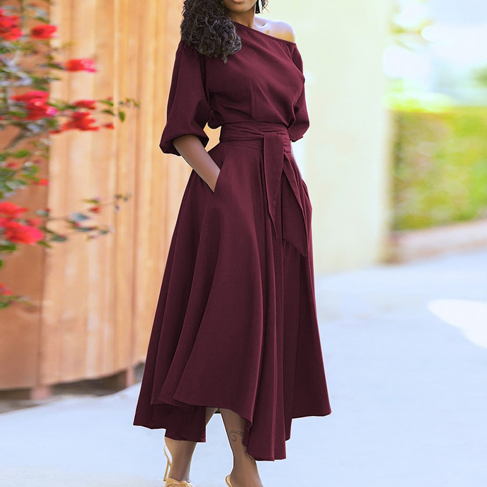 Women's Solid Colour Dress Off-Shoulder Medium Puff Sleeve Fitted Waistband with Pockets Flared Long Midi Elegant Fashion