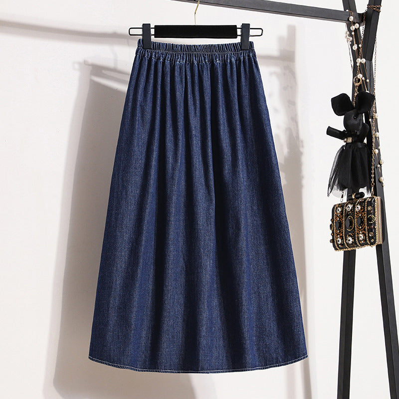 Women's Plus Size Denim Midi Skirt Front Wrap Split