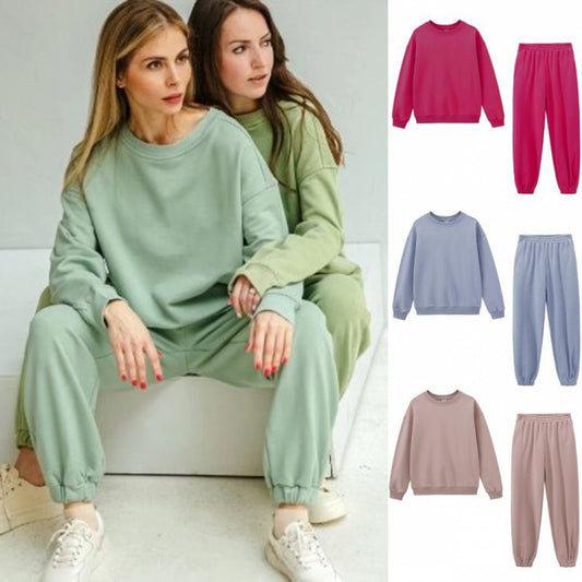 Women's Solid Colour Basic Two Piece Loungewear Set Sweater and Sweatpants Long Sleeve Round Neck Cuff Hem Outfit