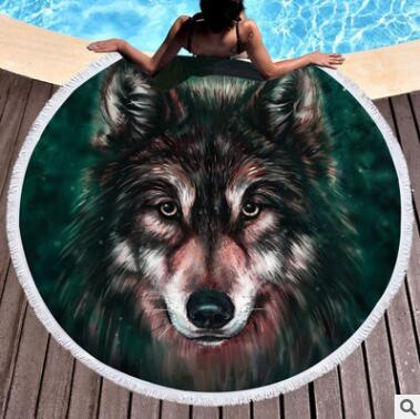 Wolf Print Round Tassel Edge Blanket Fleece Microfiber Beach Towel Summer Tapestry 150cm