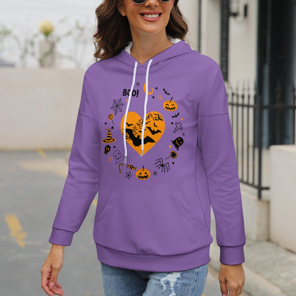 Taboo Tide Women's Pumpkin Bat Ghost Halloween Print Dropped Shoulder Hoodie Long Sleeve Front Pocket Drawstring Hooded Sweater