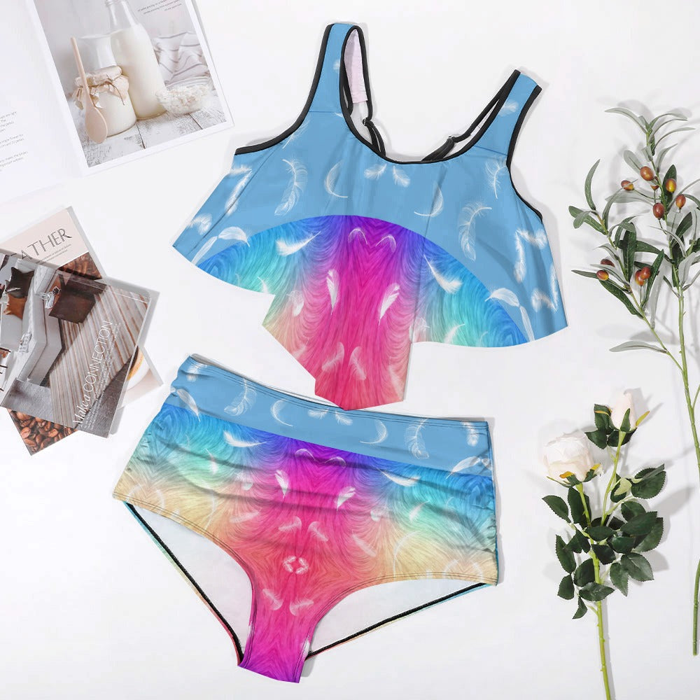 Plus Size Women's Feather Print 2pcs Swimsuit Bikini Set Top and High Waisted Bottoms Swim Summer Beach Fashion Multicolour