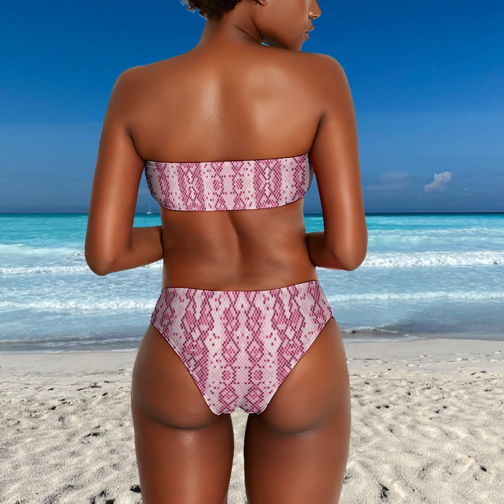 Women's Snakeskin Print Two Piece Strapless Tube Top and Pants Bottom Bikini Swimsuit Beach Summer Swimwear Pink