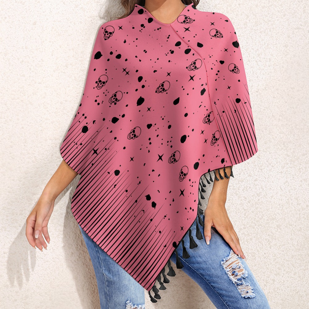 Women's Skull Print Cape With Fringed Edge One Size Pullover Outwear Fashion Halloween Season Must Have!