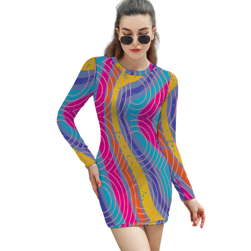 Women's Abstract Stripe Circle All Over Print Short Mini Bodycon Long Sleeve Skinny Fashion Summer Dress - 4 colours available