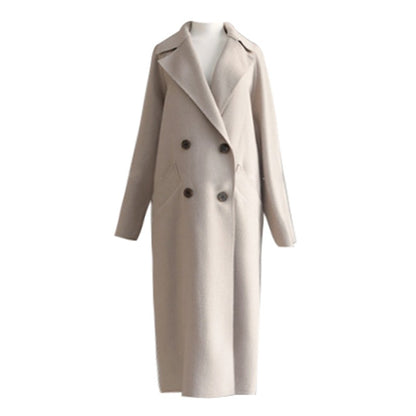 Women's Cashmere Feel Long Coat Hepburn Style Double Breasted Tie Waist Belt Knee Length with Pockets