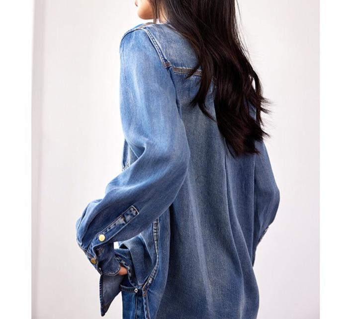 Women's Classic Simple Denim Shirt Loose Button Front Pockets High End Blouse