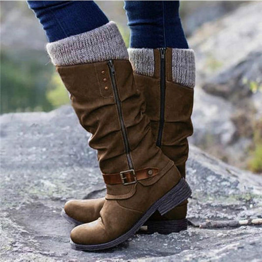 Women's Knee Length Snow Boots Wool Trim Thick Low Heel Zip Side Footwear