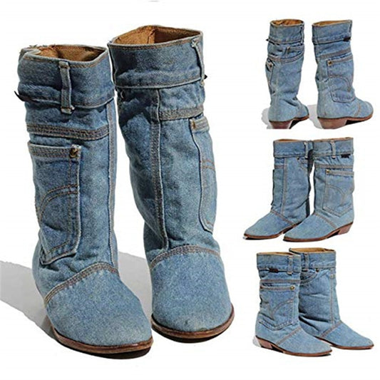 Women's Denim Cowboy Calf Boots Low Heel Side Pocket Pull On Footwear