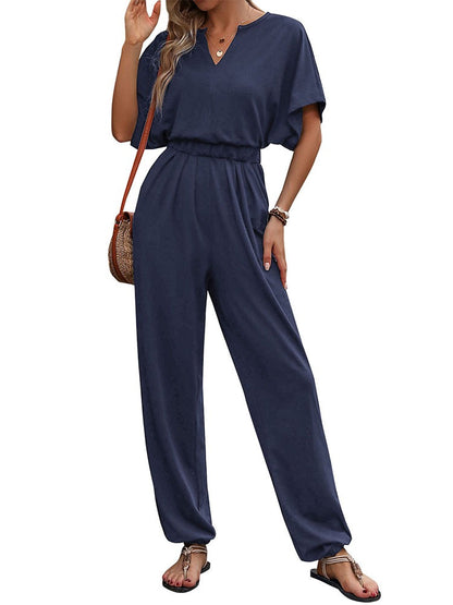 Women's Solid Colour Jumpsuit V-Neck Short Sleeve Fitted Waist Straight Leg Outfit