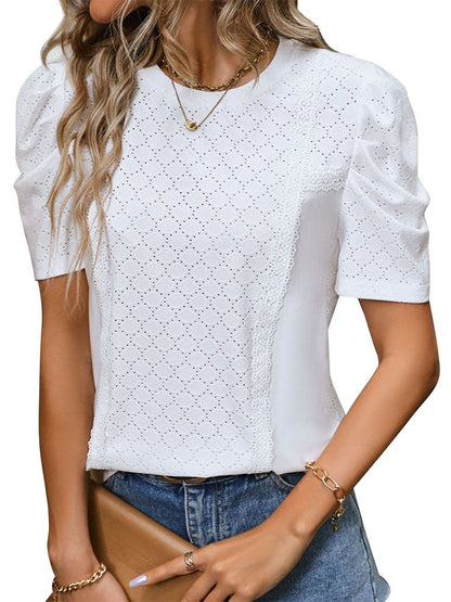 Women's White Bubble Sleeve Textured Top