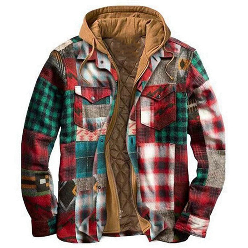 Men's Check Striped Plaid Lined Hooded Jacket Long Sleeve Button Front Shirt