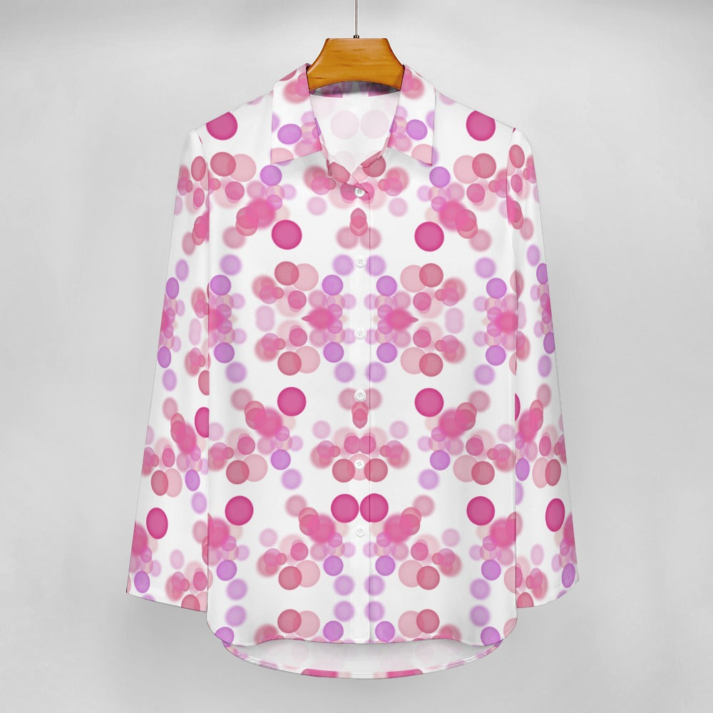 Women's Circle Print Front Button Long Sleeve Collar Shirt Blouse Top Soft Comfortable Casual Fashion White Pink