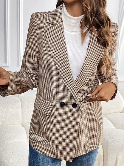 Women's Beige Brown Houndstooth Lapel Collar Long Sleeve Blazer