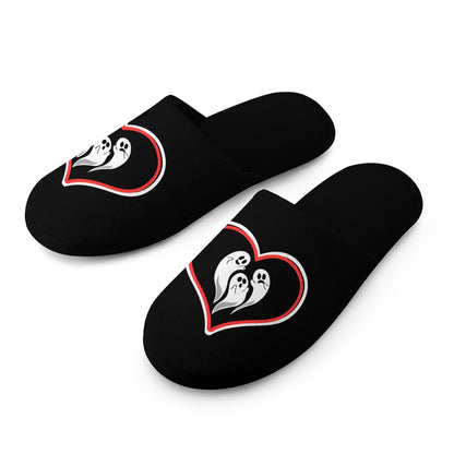 Women's Ghost Love Heart Print Flannel Slippers Soft Comfortable Indoor Home Shoes Halloween Season Black