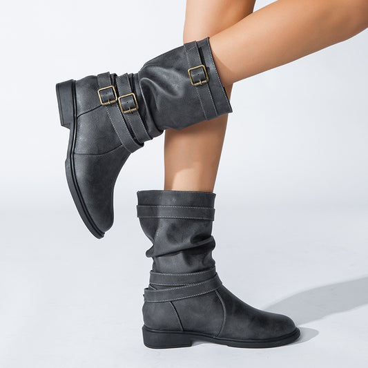 Women's Calf Boots Round Head Flat Heel Motorcycle Boots