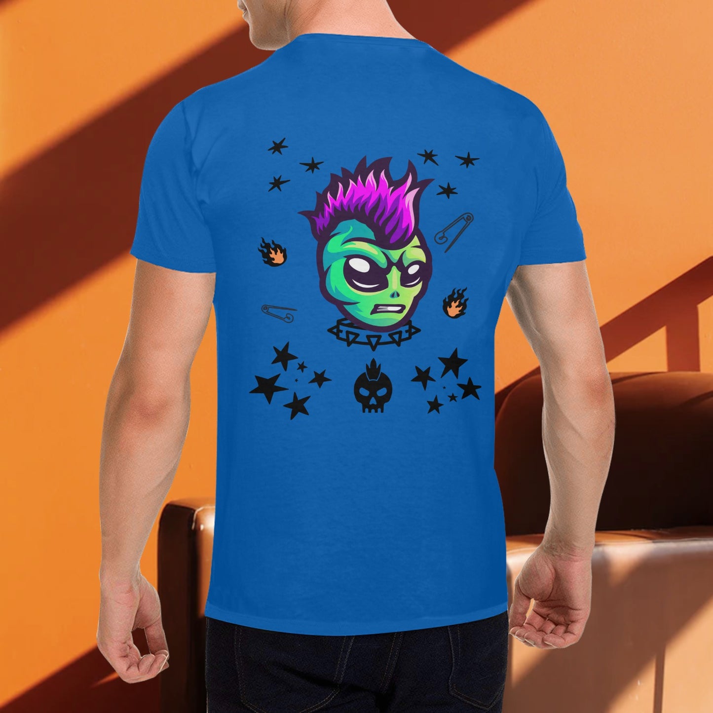 Men's Alien Punk Safety Pin Print Cotton T-shirt Front and Back Design