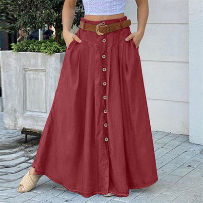 Women's High Waist Button Front with Pockets Maxi Skirt