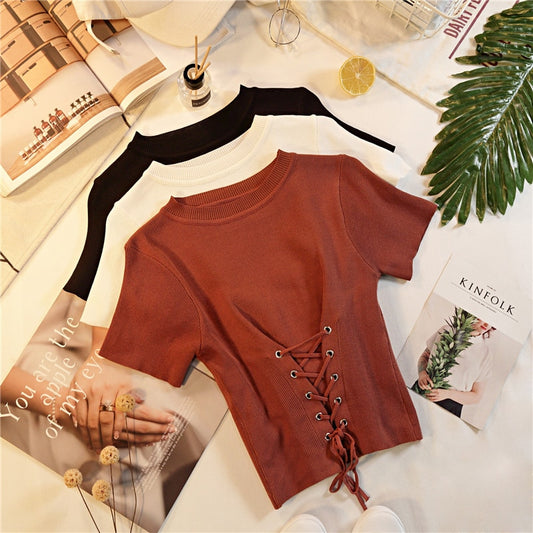 Women Knitted Solid Colour Top Short Sleeve Lace Up Cropped T-shirt