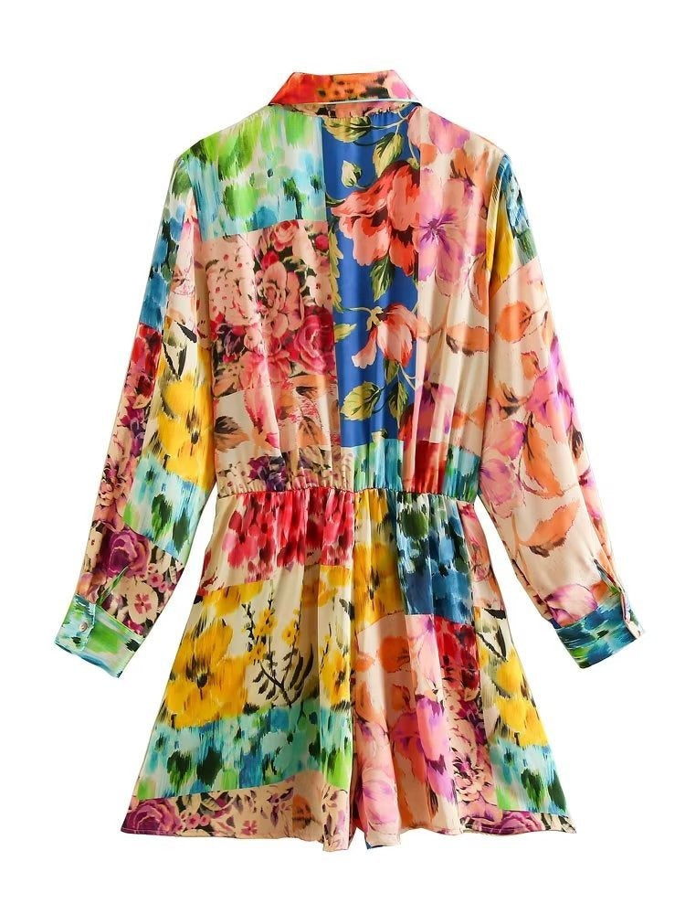 Women's Floral Rainbow Paint Print Playsuit Side Tie Belt Detail Long Sleeve Button Front Collar