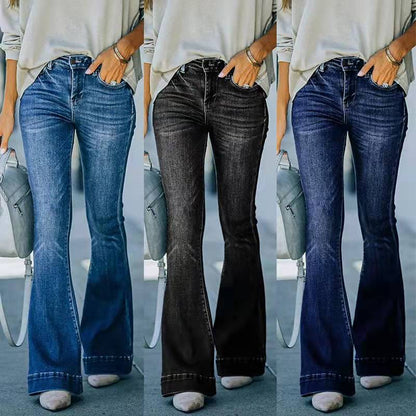 Women's Denim Jeans Hem Stitching Flared Trousers