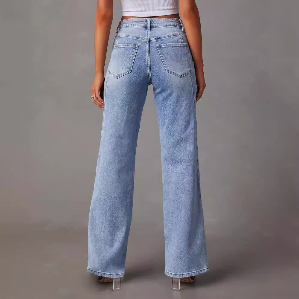 Women's Denim Jeans Diagonal Stitch Design Wide Leg Trousers Casual Fashion