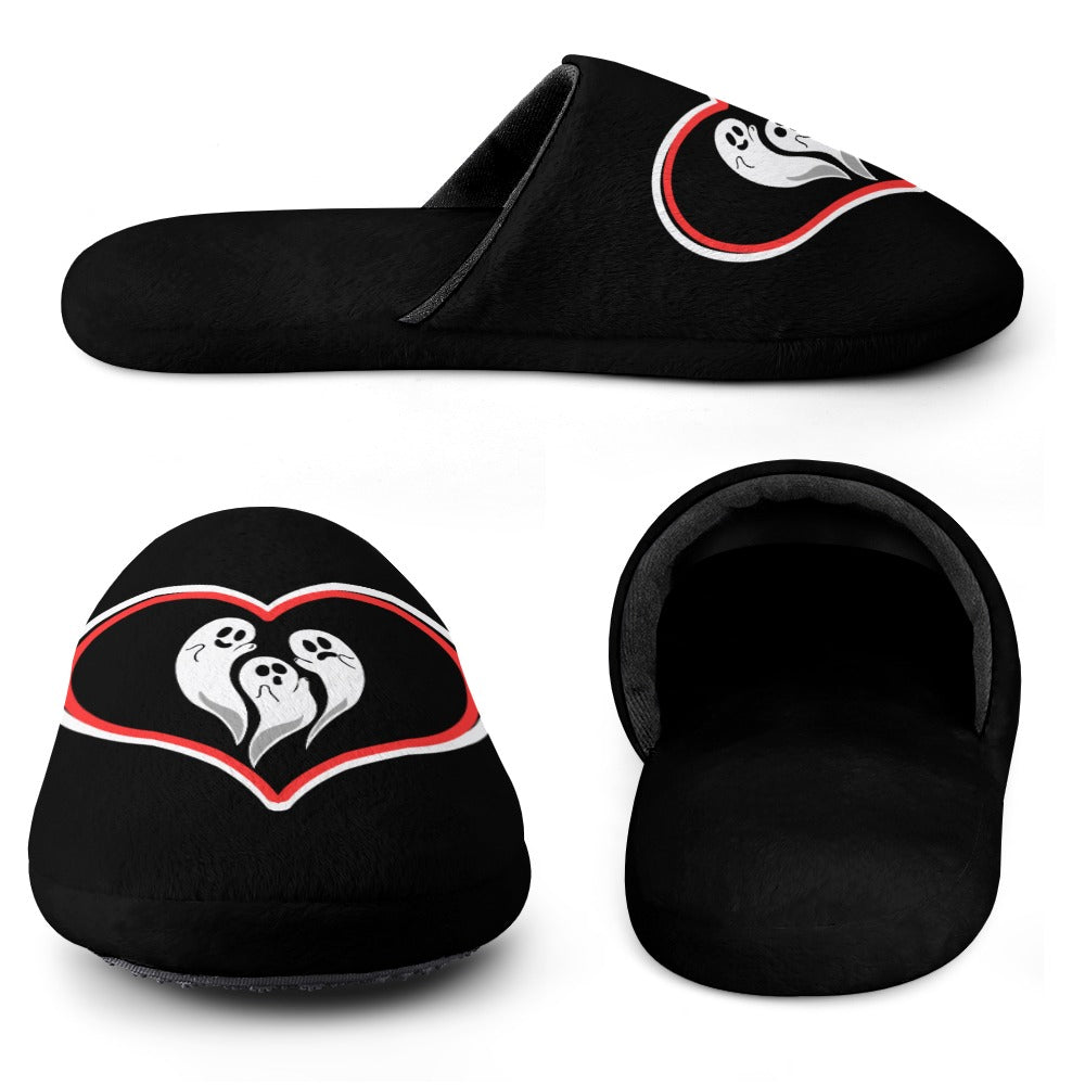 Women's Ghost Love Heart Print Flannel Slippers Soft Comfortable Indoor Home Shoes Halloween Season Black