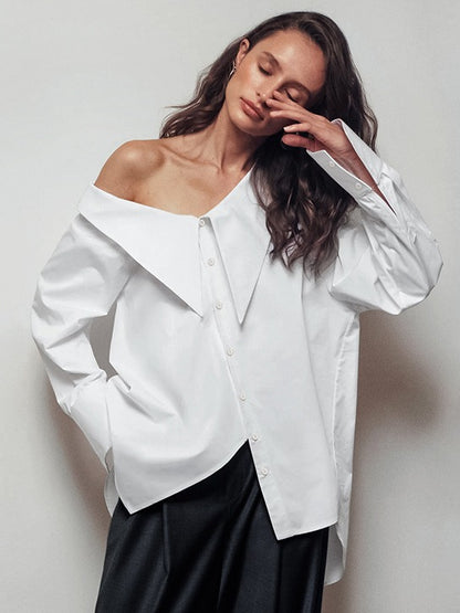 Women's White Off Shoulder Irregular Collar Loose Shirt