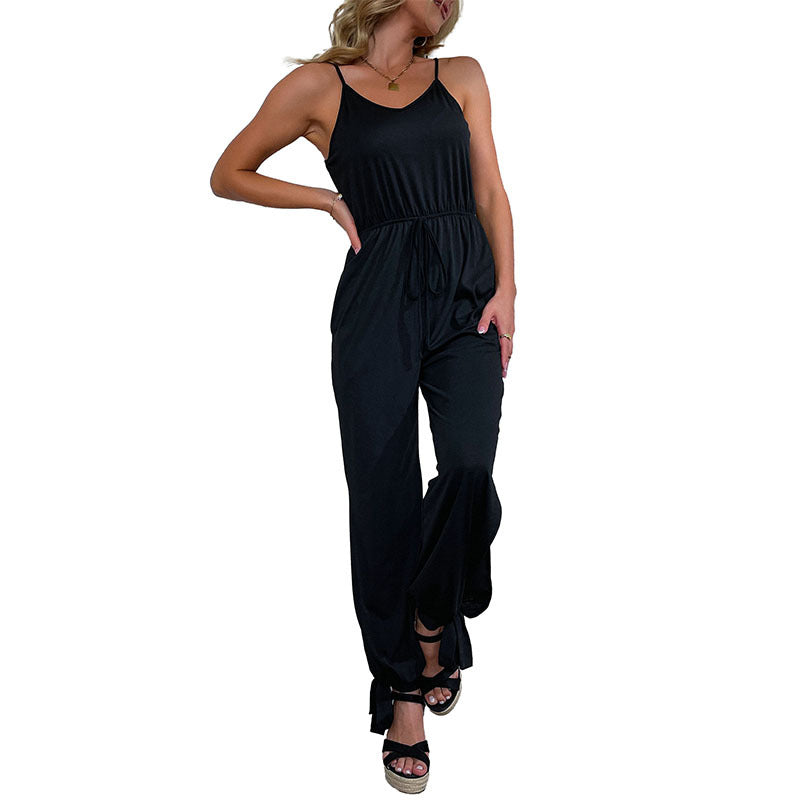Black Strappy Drawstring Waist Split Leg  Jumpsuit
