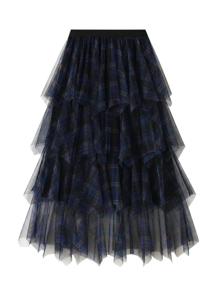 Women's Tartan Mesh Layered A-line Midi Flare Skirt