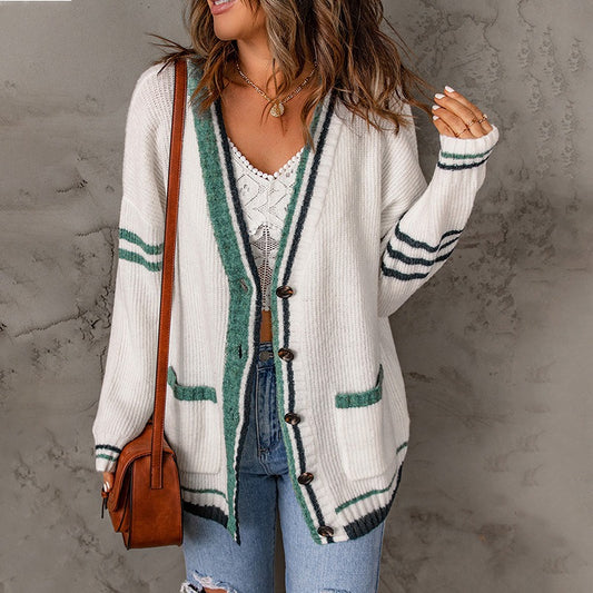 Women's Colour Contrast Edge Knit Cardigan Long Sleeve Button Front V-Neck