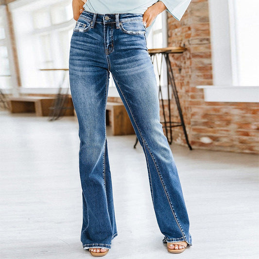 Women's Denim Jeans Detail Twist Stitch Detail Washed Look High Waisted Flare Trousers