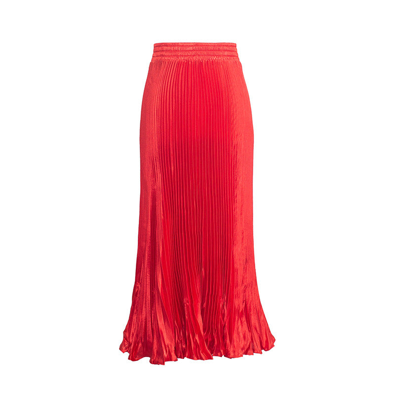 Women's Satin Metallic Pleated Maxi Skirt Long Organ Fan Long Length Elastic Waist