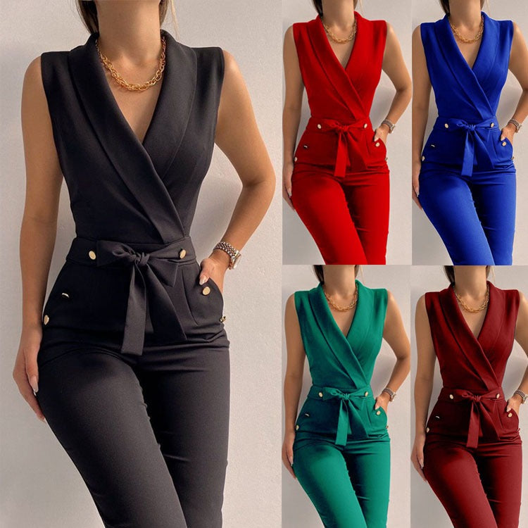 Women's Solid Colour V-Neck Button Detail Front Tie Jumpsuit