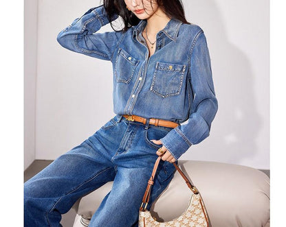 Women's Classic Simple Denim Shirt Loose Button Front Pockets High End Blouse