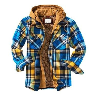 Men's Check Striped Plaid Lined Hooded Jacket Long Sleeve Button Front Shirt