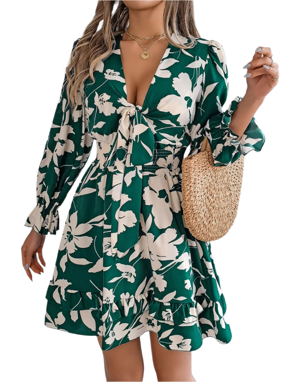 Women's Printed V Neck Tied Ruffled Long Sleeve Dress